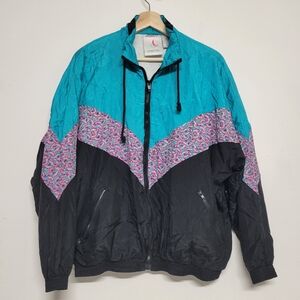 Vintage Retro Boho Windbreaker Jacket - Teal, Pink, and Black